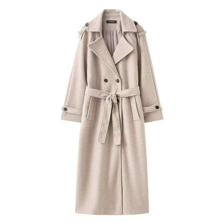 Dam 100+ Double-Breasted Maxi Lång Kappa i Trench Stil med Tie Belt