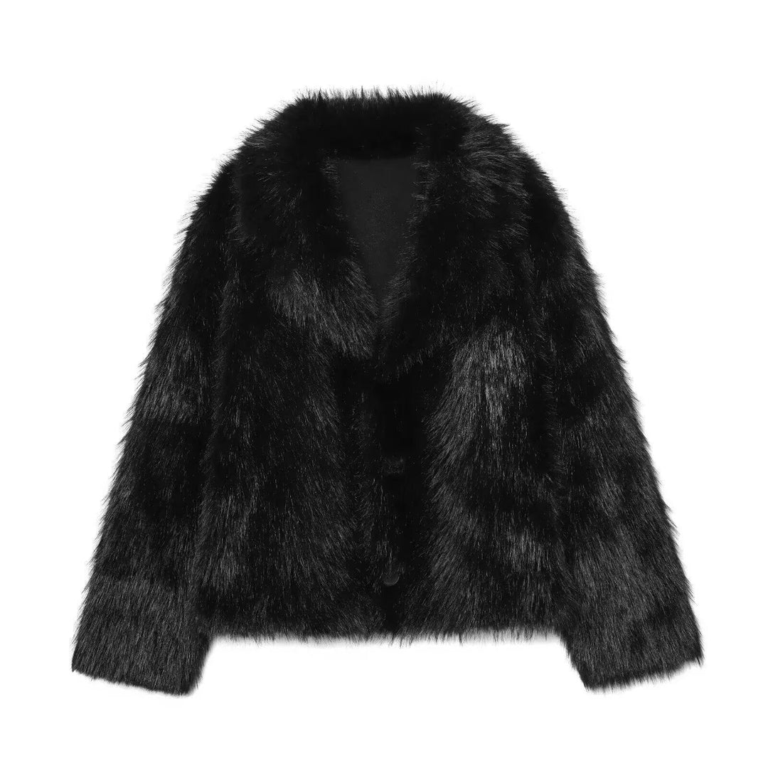 Dam Kort Ullblandning Blouson med Voluminous Konstpäls Krage