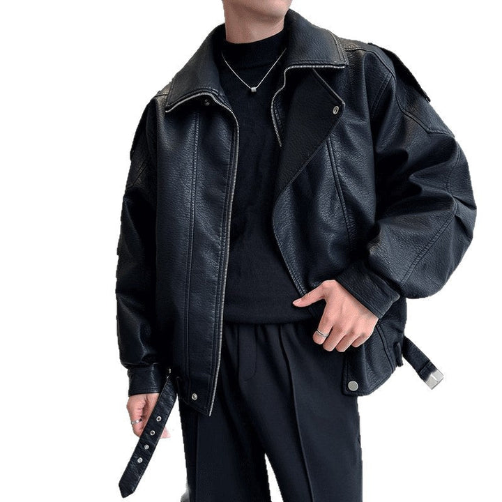 Herr Oversized Läder Jacka med Wide Asymmetrical Lapel och Midja Belt