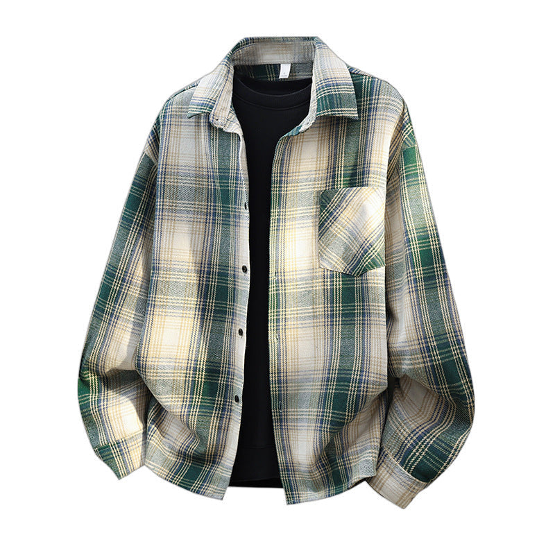 Herr Oversized Rutig Flannel Skjortjacka med Breast Ficka och Rundad Fåll