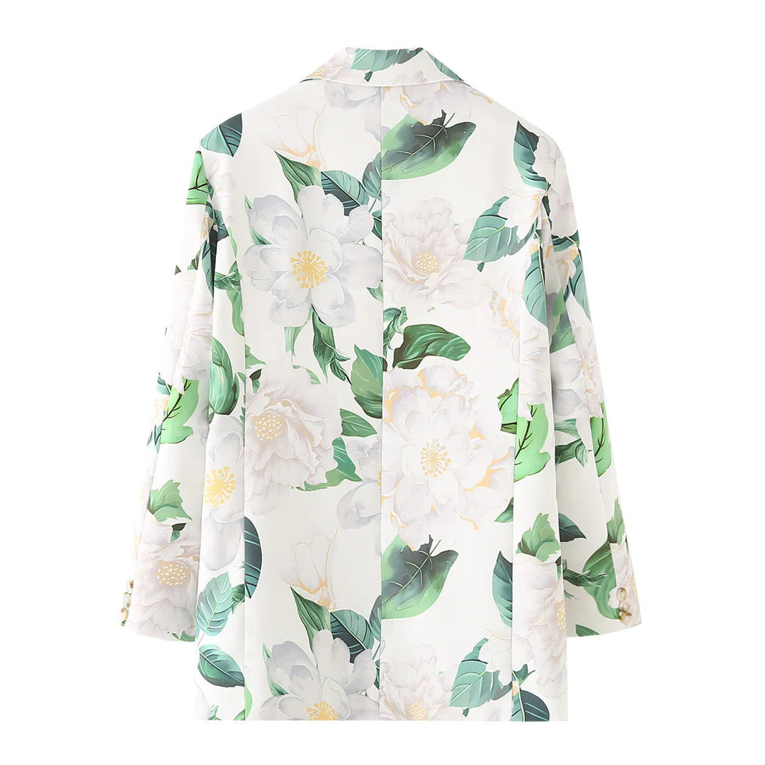 Dam floral printed lång blazer med lapel krage och welt fickor