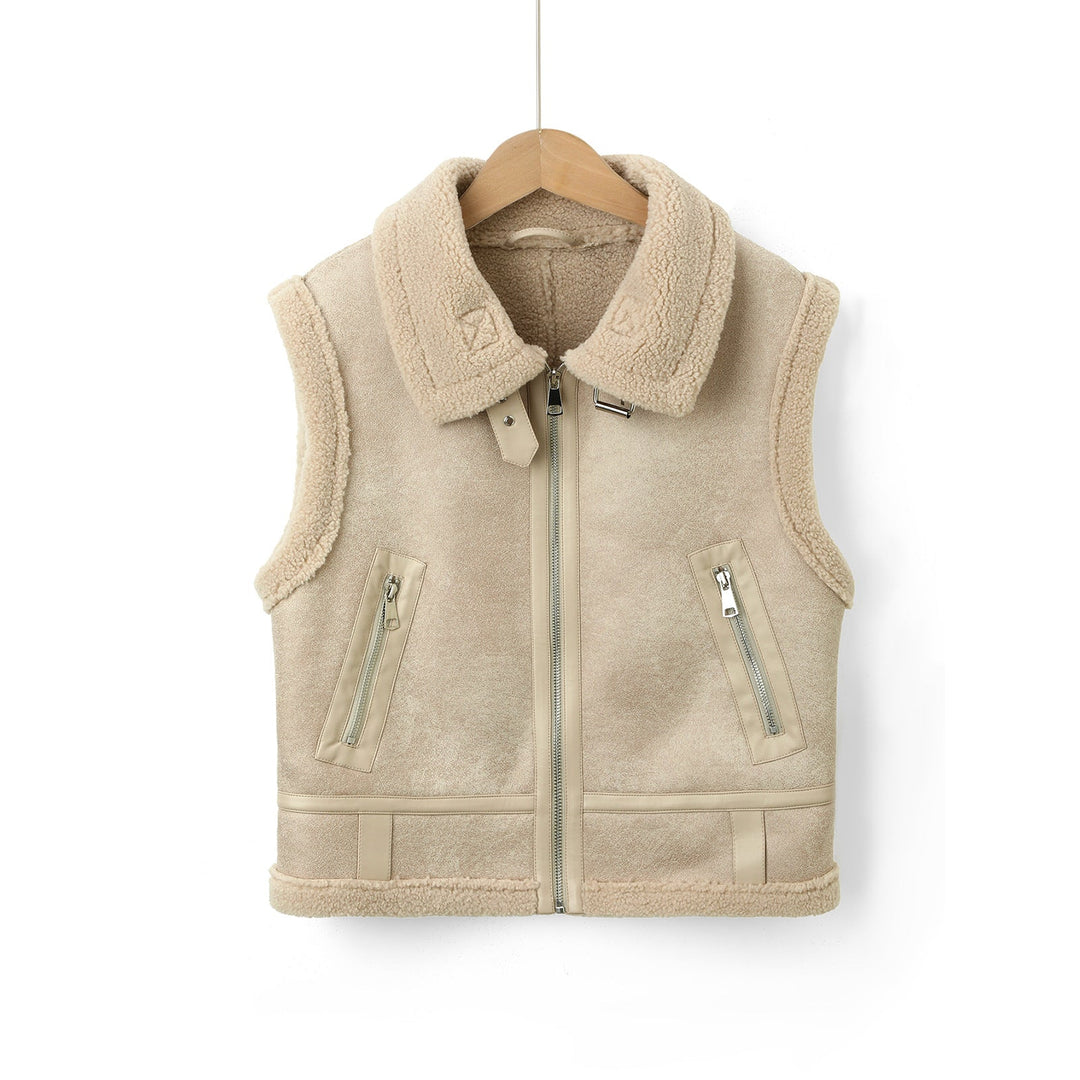 Dam ärmlös Lambskin look väst med teddyfoder och dragkedja