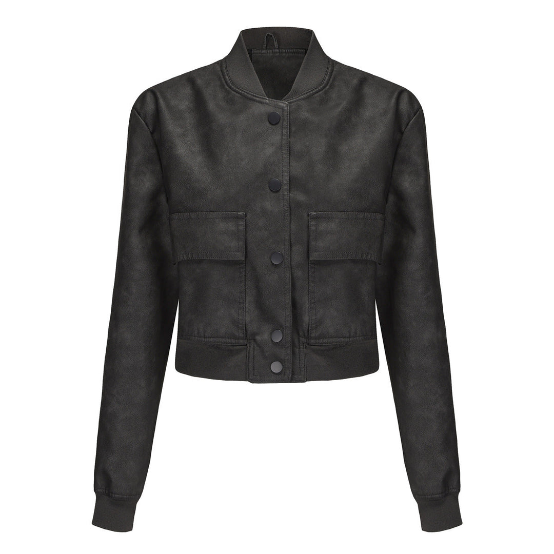 Dam kort crop konstläderjacka i blouson stil med snap front och flap fickor