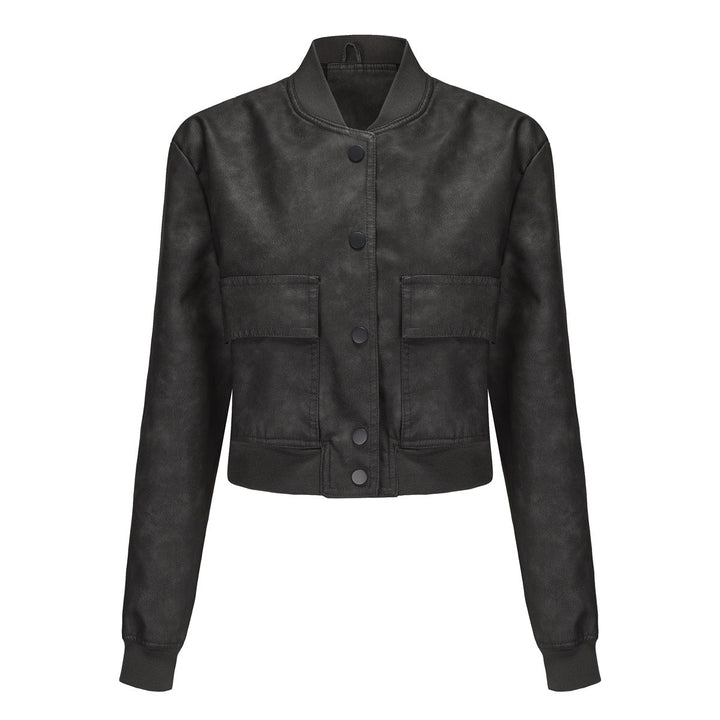 Dam kort crop konstläderjacka i blouson stil med snap front och flap fickor