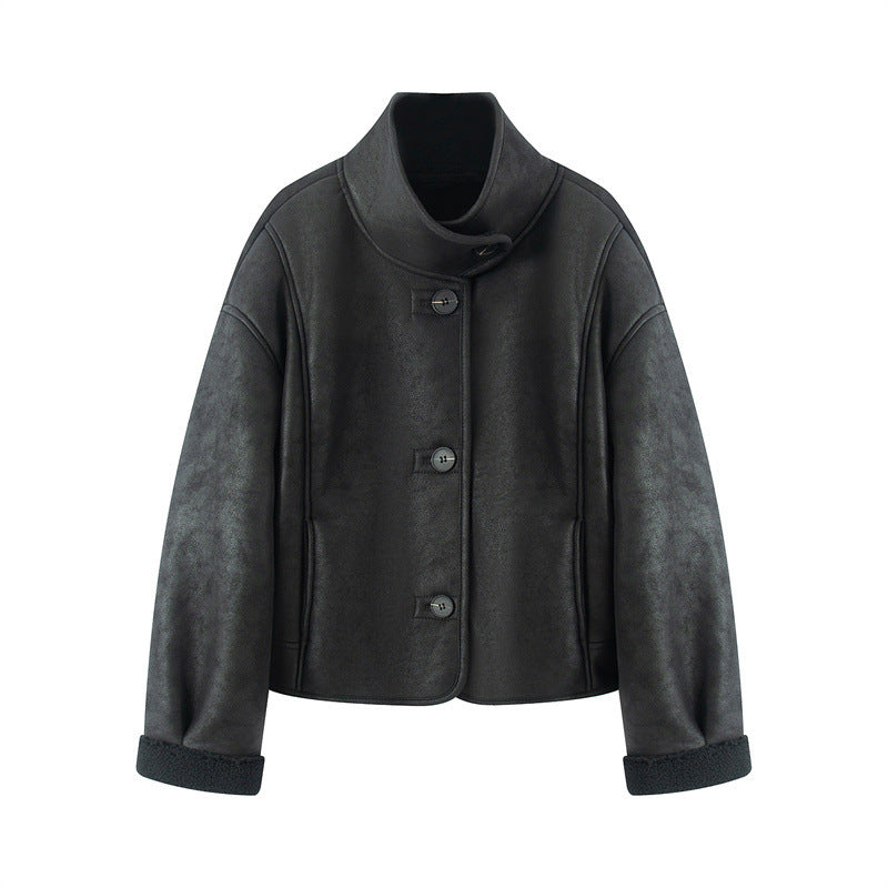 Dam kort lambskin look jacka med high ståkrage och buttoned front
