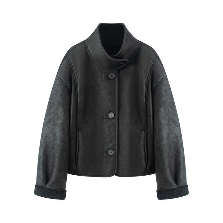 Dam kort lambskin look jacka med high ståkrage och buttoned front