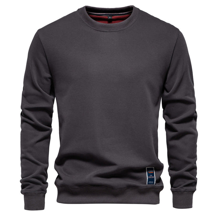 Herr Klassisk Crew Neck College-Tröja Gjord av Kraftig Bomullsblandning med Fleece Inner Side och Ribbstickade Muddar