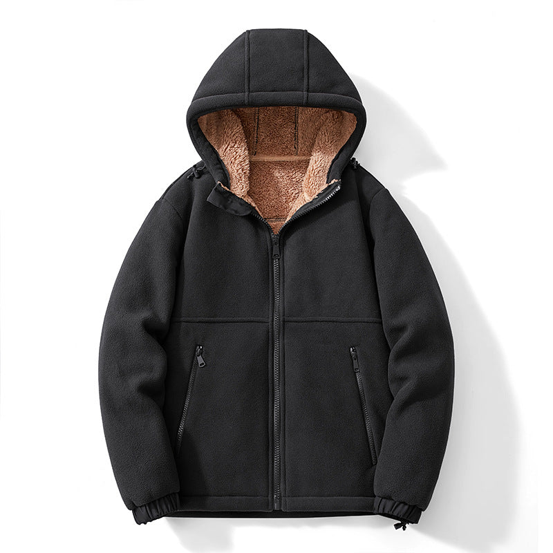 Herr Fleece Jacka med Huva med Teddy Foder, Zippered Fickor, och Adjustable Fåll