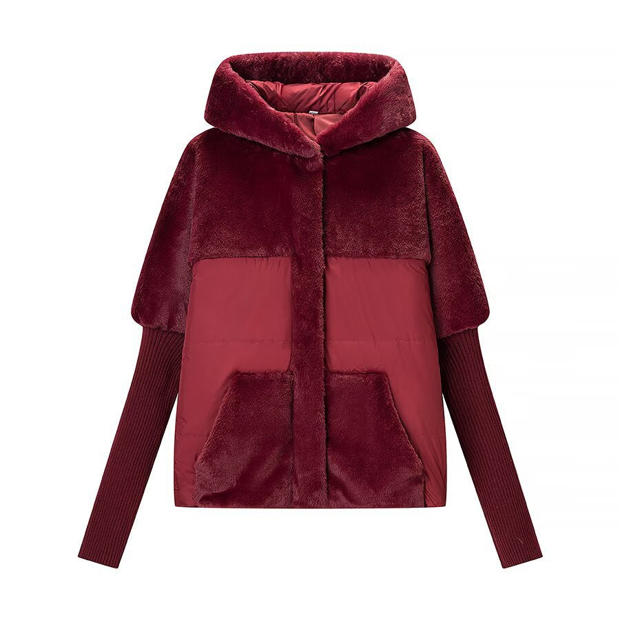 Dam Vadderad Kort Jacka med Faux Fur Insert, Huva och Ribbed Muddar