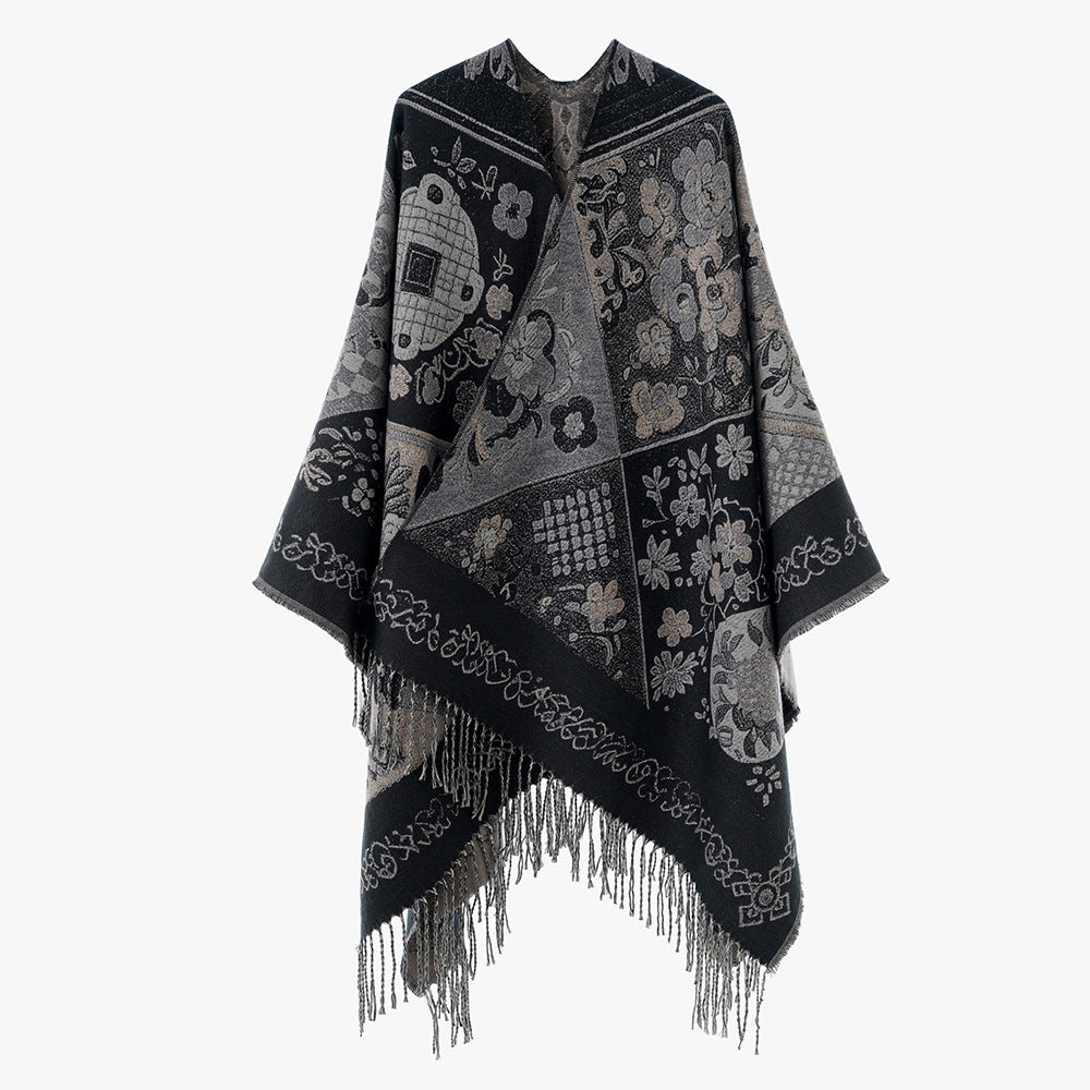 Dam Jacquard poncho med Boho Patchwork mönster och fransfåll