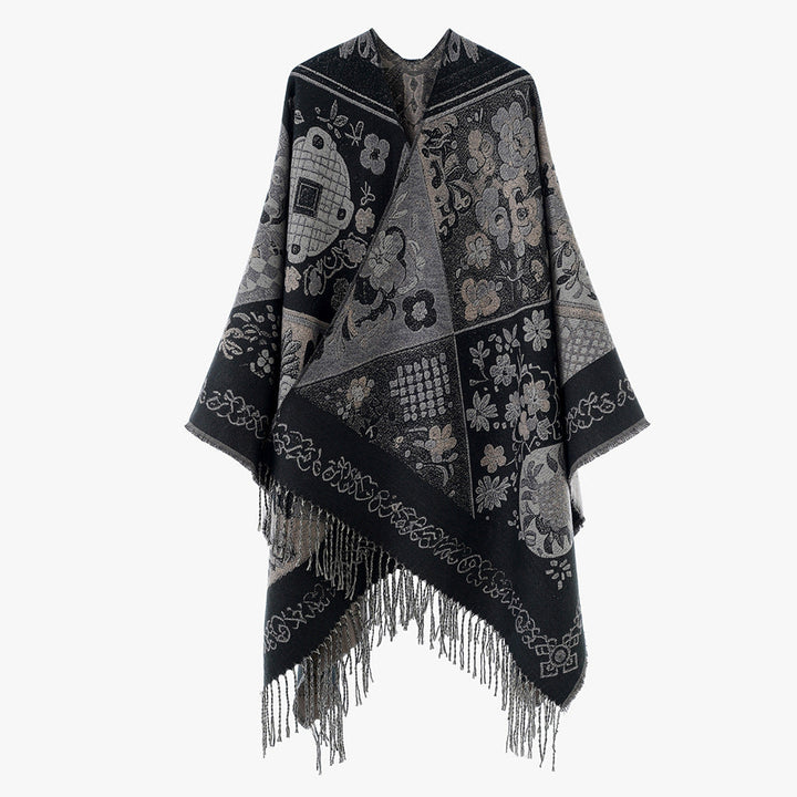 Dam Jacquard poncho med Boho Patchwork mönster och fransfåll