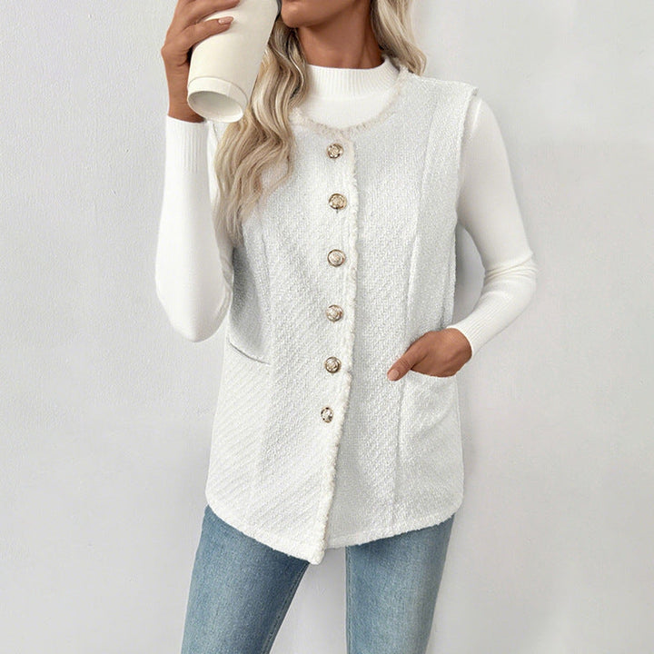 Dam Boucle Väst med Decorative Knappar, Fringe Kant och Fickor