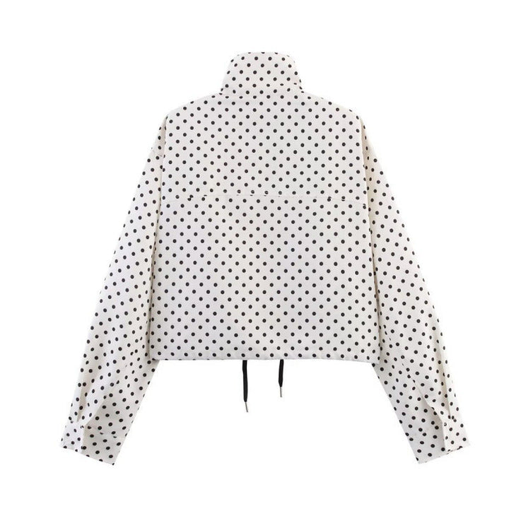Dam kort kviltad jacka med Polka Dot tryck, Stand krage och dragsko