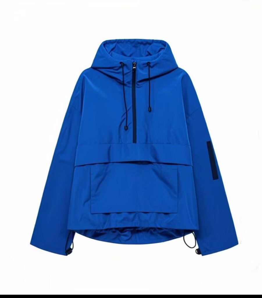 Dam Oversized Vindjacka-Anorak med Huva, Halv Dragkedja och Känguruficka