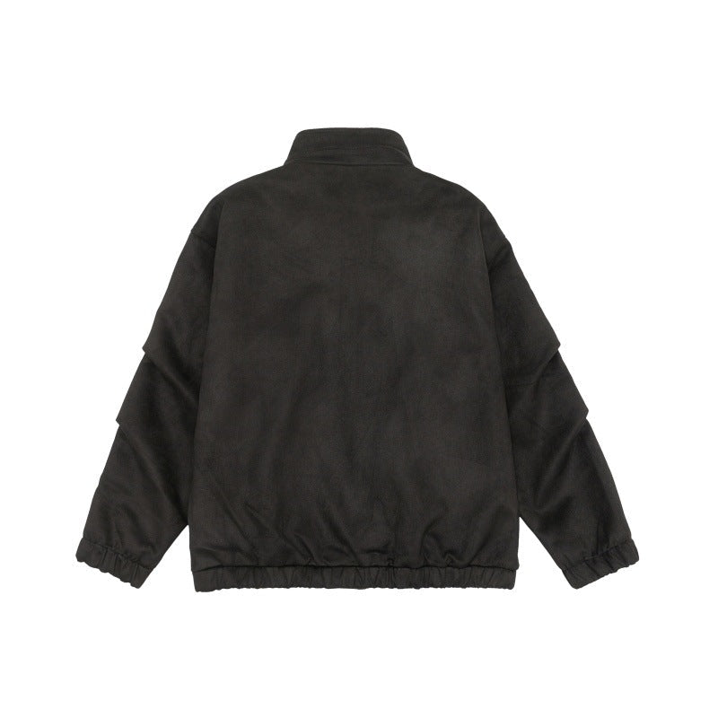 Unisex Kort-Skärning Ståkrage Fleece Jacka med Concealed Tryckknappsslå