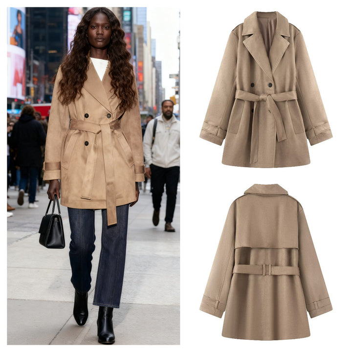 Dam Kort Trenchcoat i Mocka-Look Sammet med Knytbälte