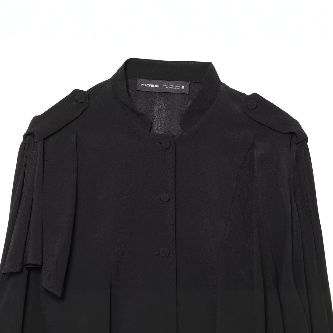 Dam Kort Jacka med Layered Ruffles, Stå Krage och Dold Knapp Knäppning