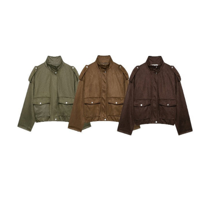 Dam Kort Suede Look Fältjacka med Stå Krage, Lock Fickor och Epaulettes