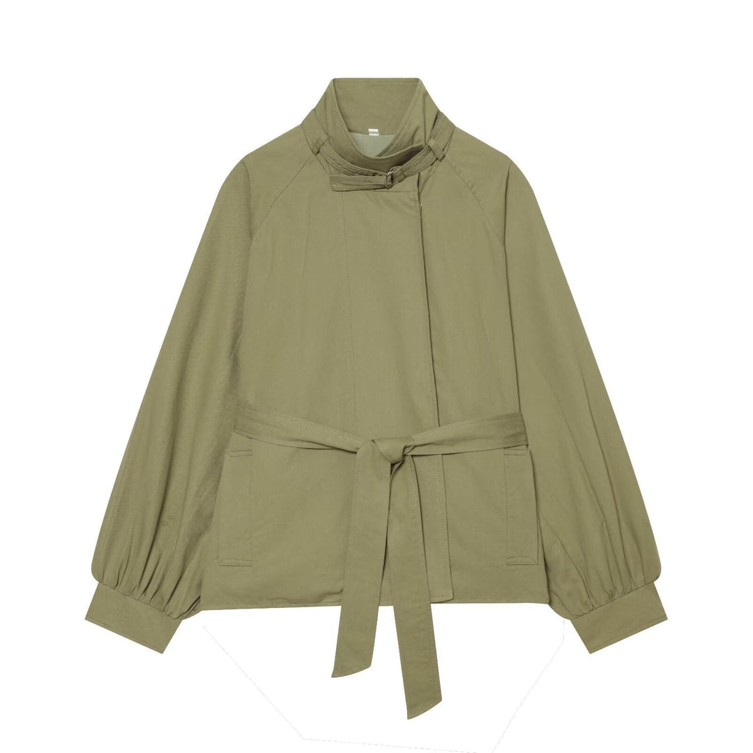 Dam Kort Cape Övergångsjacka med Stå Krage, Waist Belt och Balloon Ärmar