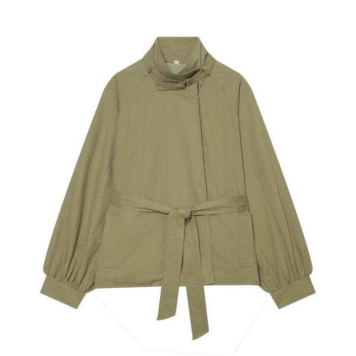 Dam Kort Cape Övergångsjacka med Stå Krage, Waist Belt och Balloon Ärmar