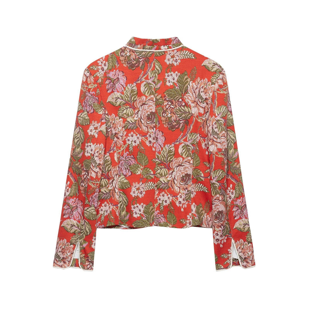Dam Blommig Vävd Jacquard Bouclé Kort Jacka med Standing Krage