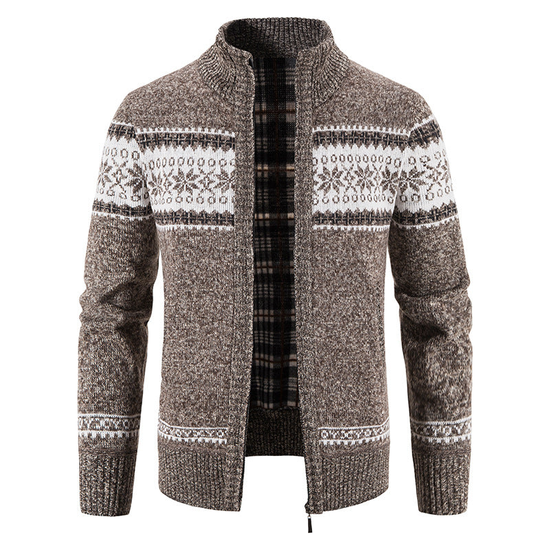 Herr Norwegian Knit Zip Jacka med Stående Krage, Warming Fleecefoder, och Dragkedja