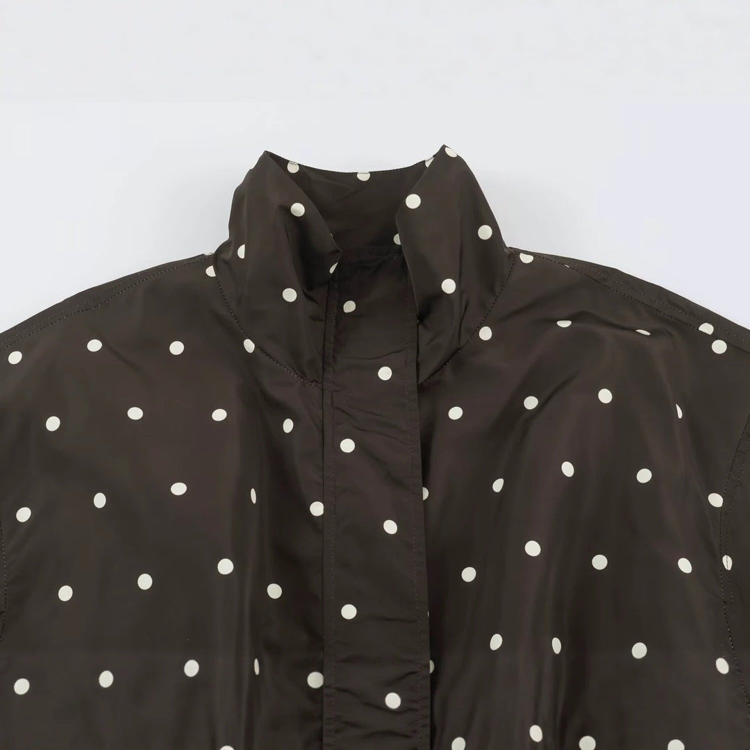 Dam Oversized Vindjacka med Dot Tryck, Hög Ståkrage och Elastic Fåll