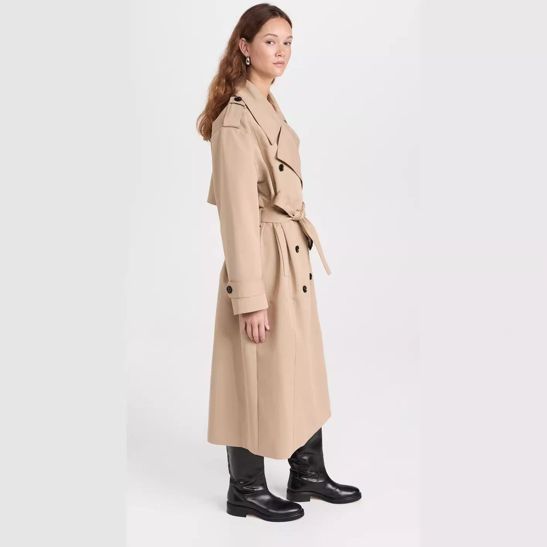 Dam lång trenchcoat gjord bomull Blend med Double-Breasted knappslå, midjebälte och Shoulder Flaps