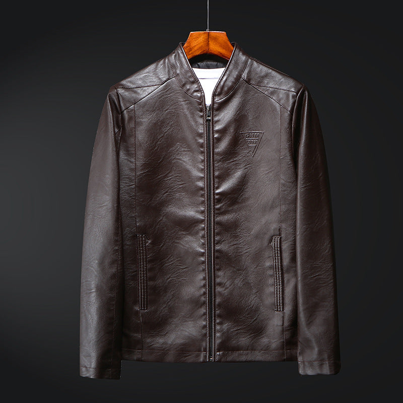 Herr Konstläder Blouson i Smal Passform med Fin Texture, Stående Krage och Dold Dragkedja