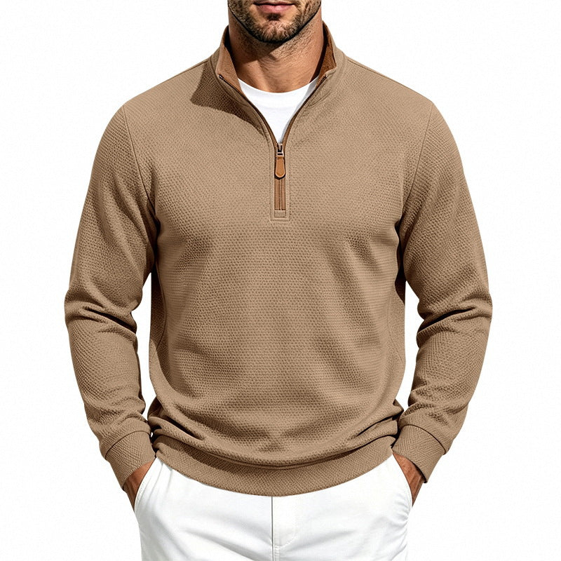 Herr Halv Dragkedja Pullover med Waffle Texture och Contrast Krage