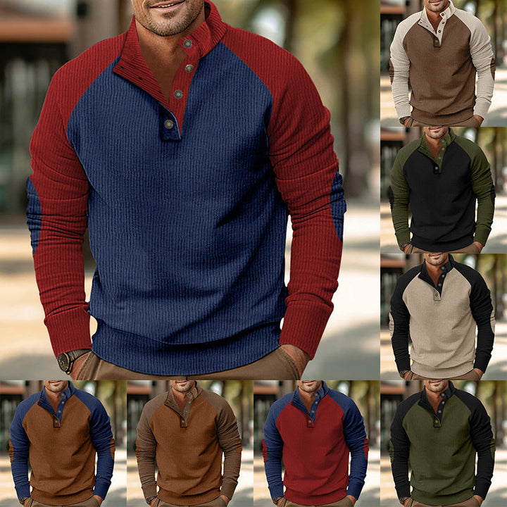 Herr Warmer Waffle Texture Henley Pullover med Contrast Raglanärmar &amp; Ståkrage