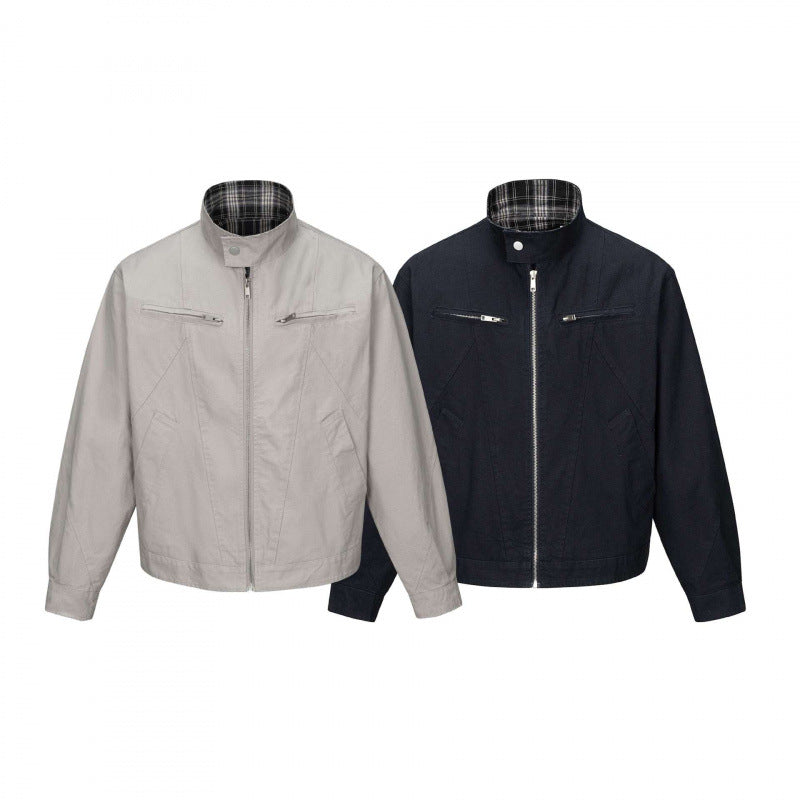Herr cropped canvas blouson jacka med ståkrage, fickor med dragkedja, och rutig foder