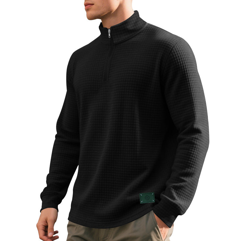 Herr Nano Lätt Waffle Stickad Pullover med Kort Krage Dragkedja och Rounded Fåll