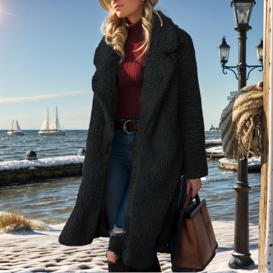 Dam lång teddy kappa gjord Faux Fur med oversize skärning och Shawl krage