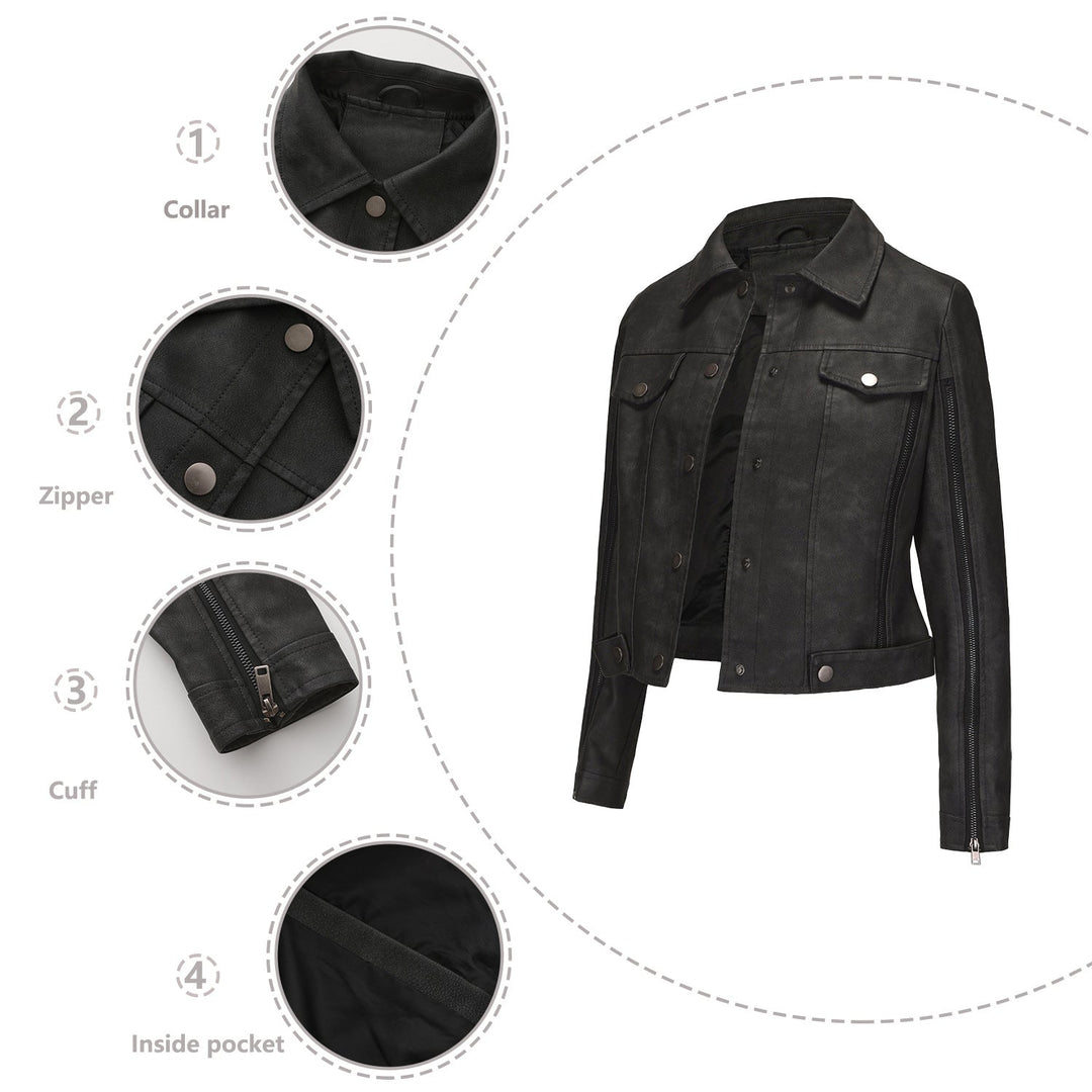 Dam kort cropped trucker jacka tillverkad av mockalook med side zippers och patch bröstfickor