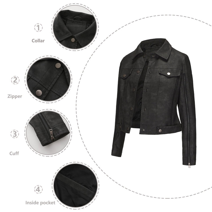 Dam kort cropped trucker jacka tillverkad av mockalook med side zippers och patch bröstfickor