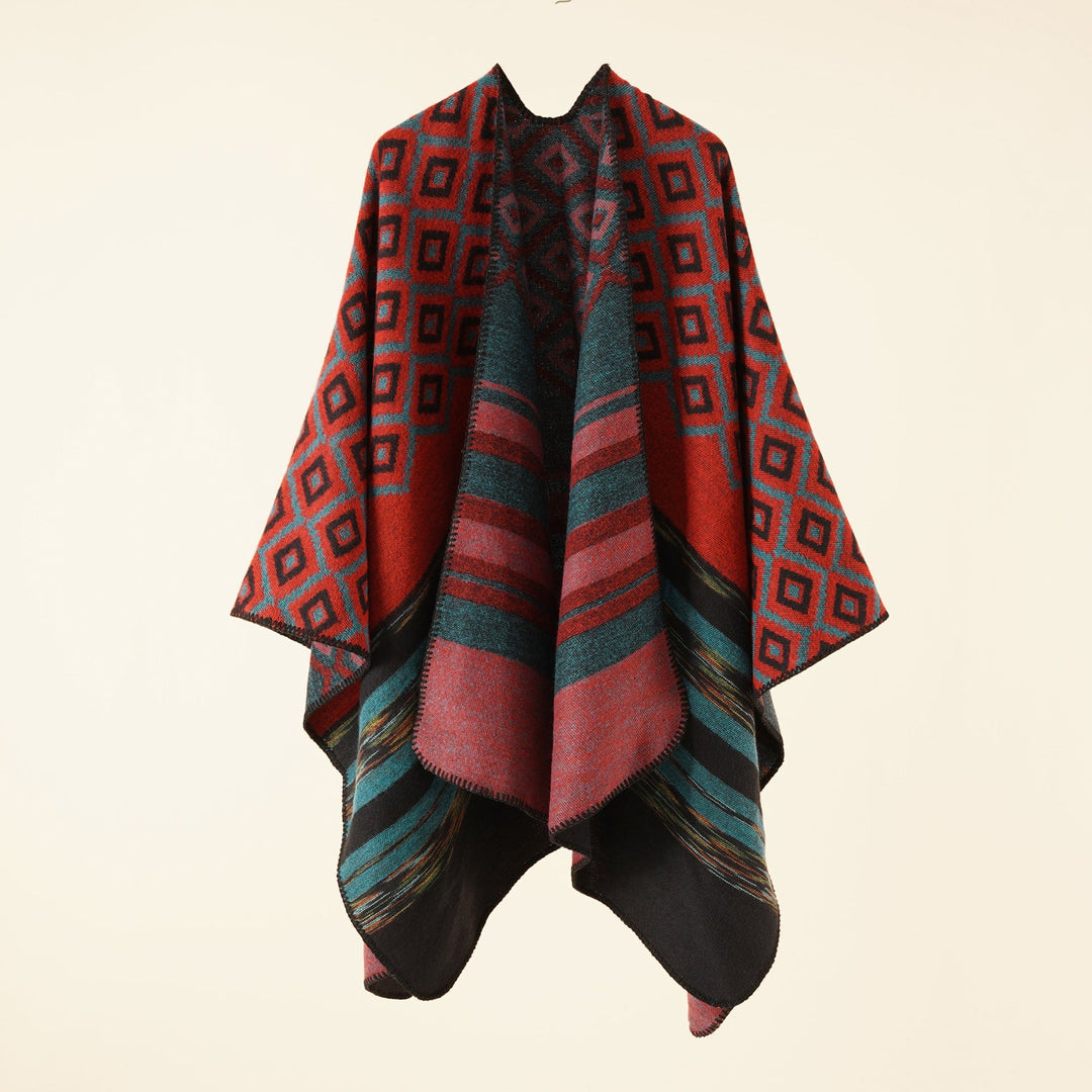 Dam Reversible Serape poncho i Jacquard Weave med Geometric Square mönster