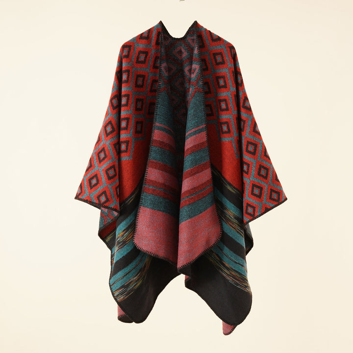 Dam Reversible Serape poncho i Jacquard Weave med Geometric Square mönster