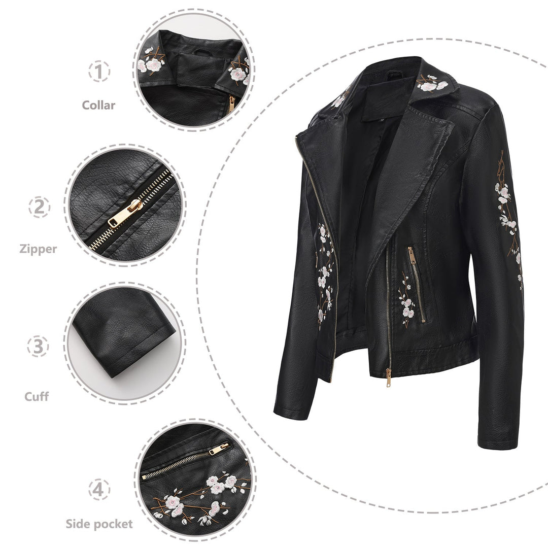 Dam embroidered figursydd konstläder bikerjacka med asymmetrisk dragkedja