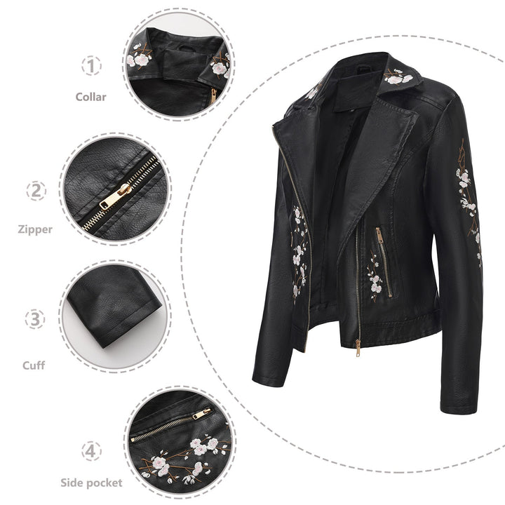Dam embroidered figursydd konstläder bikerjacka med asymmetrisk dragkedja