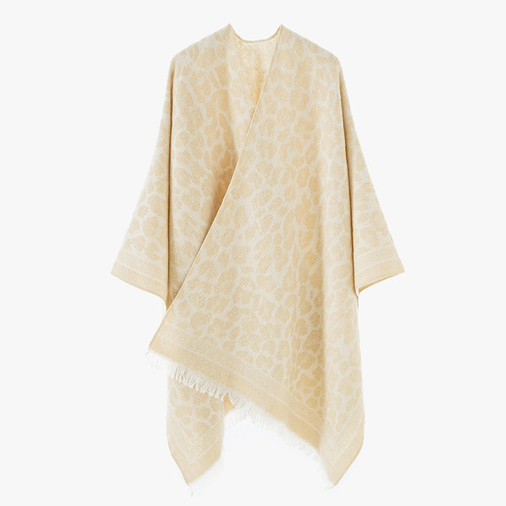 Dam mjuk-Falling Jacquard kimono-skärning Wrap med Tonal Leo mönster och Fringed fåll