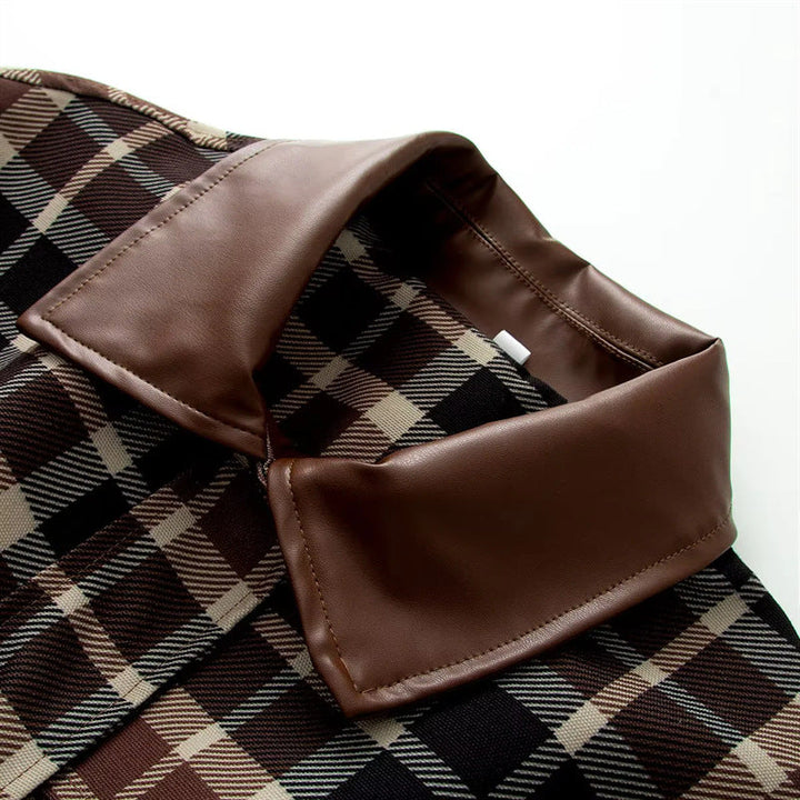 Dam rutig övergångsjacka med konstläder sjalkrage, waist drawstring och påsydda fickor