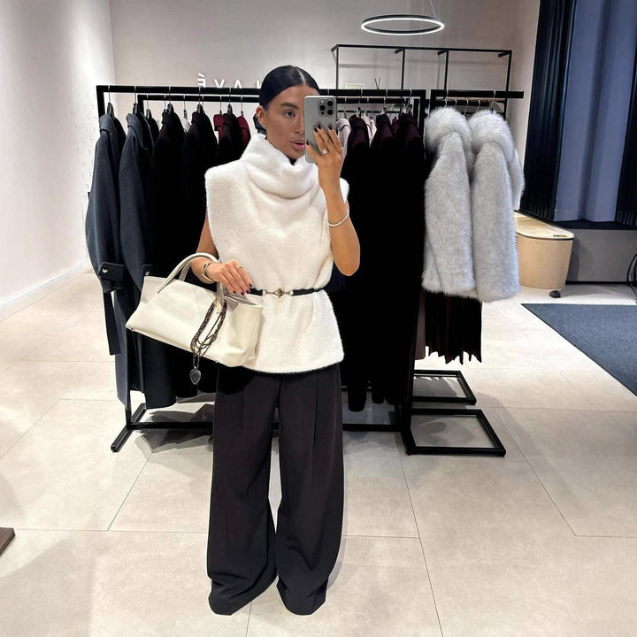 Dam ärmlös Faux Fur väst med Turtleneck och midjebälte