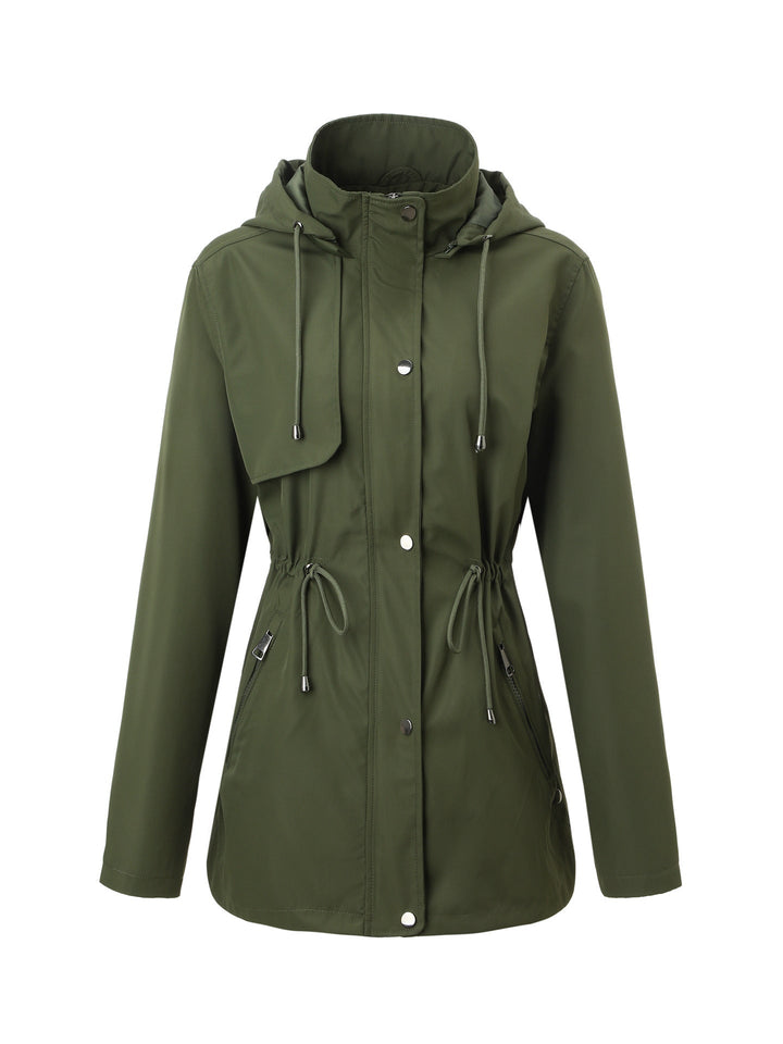 Dam lätt Rain Parka med huva och midja dragsko