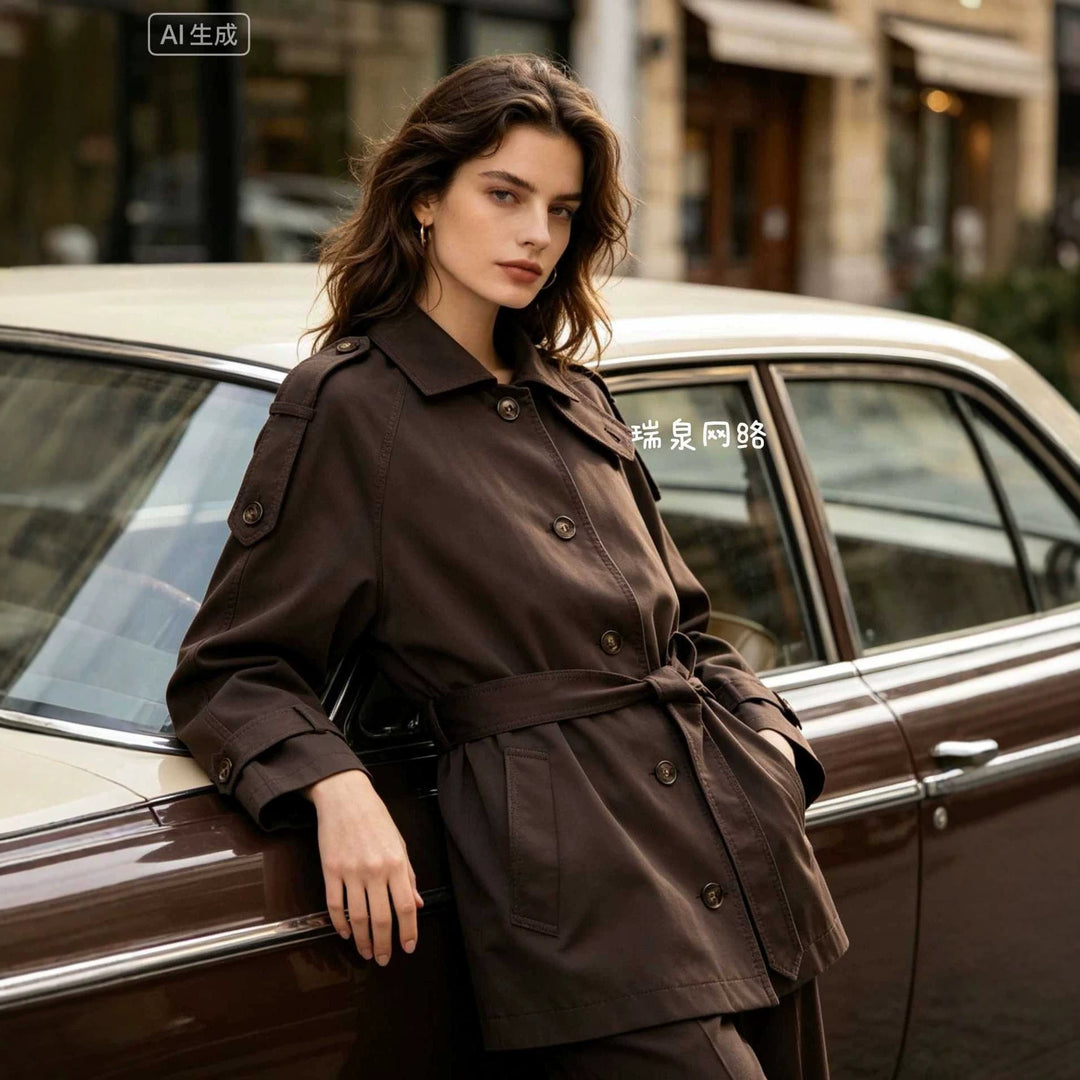 Dam Kort Cape Trench med Belt och Epaulettes