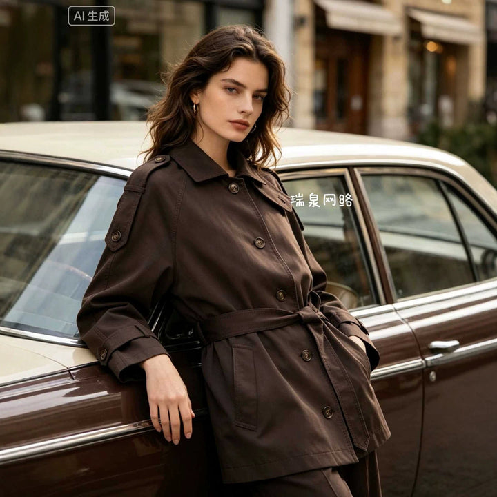 Dam Kort Cape Trench med Belt och Epaulettes