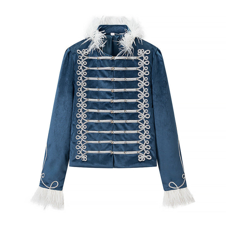 Dam sammet Military jacka med Feather Trim och dekorativ Piping