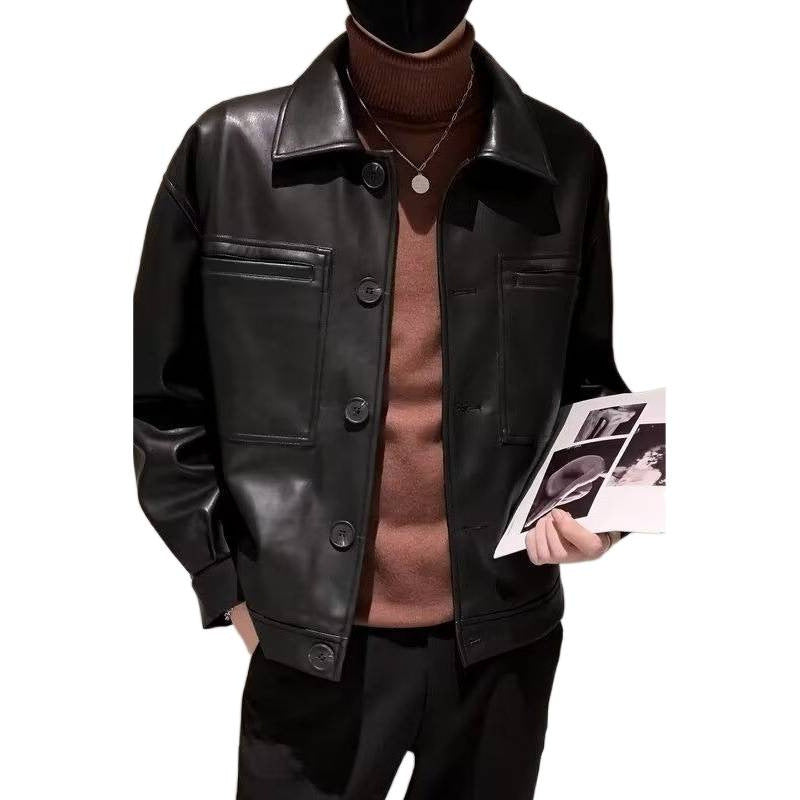 Herr Boxy Överskjorta i Läder Look med Skjorta Krage och Patch Breast Fickor