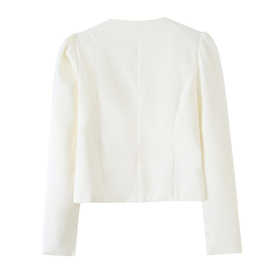 Dam Fitted Blouse Jacka med Round Neckline, Puff Shoulders och Dold Knapp Knäppning