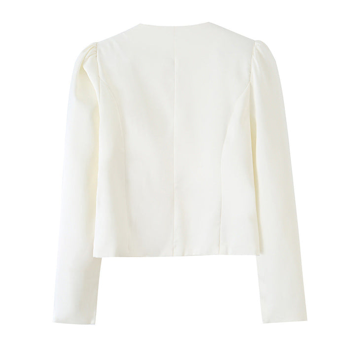 Dam Fitted Blouse Jacka med Round Neckline, Puff Shoulders och Dold Knapp Knäppning